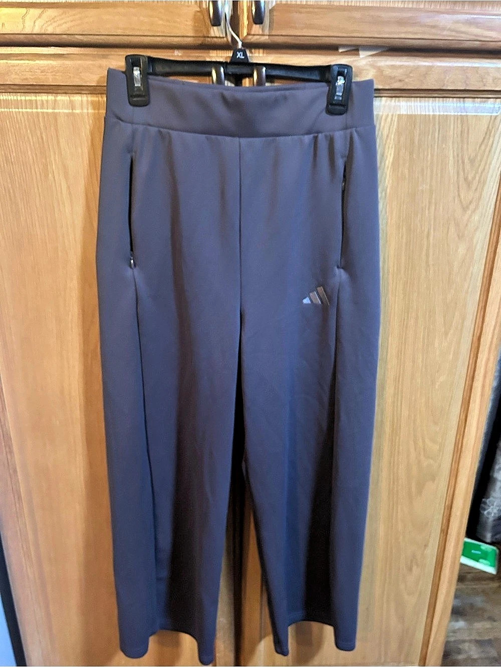 Adidas Pants in Gray with a purple tint. These are a wide legged cropped Size M